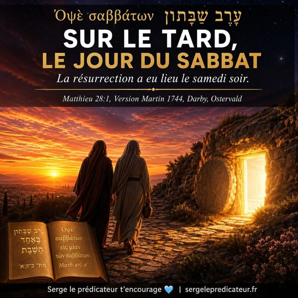 Sur le tard le jour du sabbat : Matthieu 28:1 révèle que la résurrection a eu lieu le samedi soir